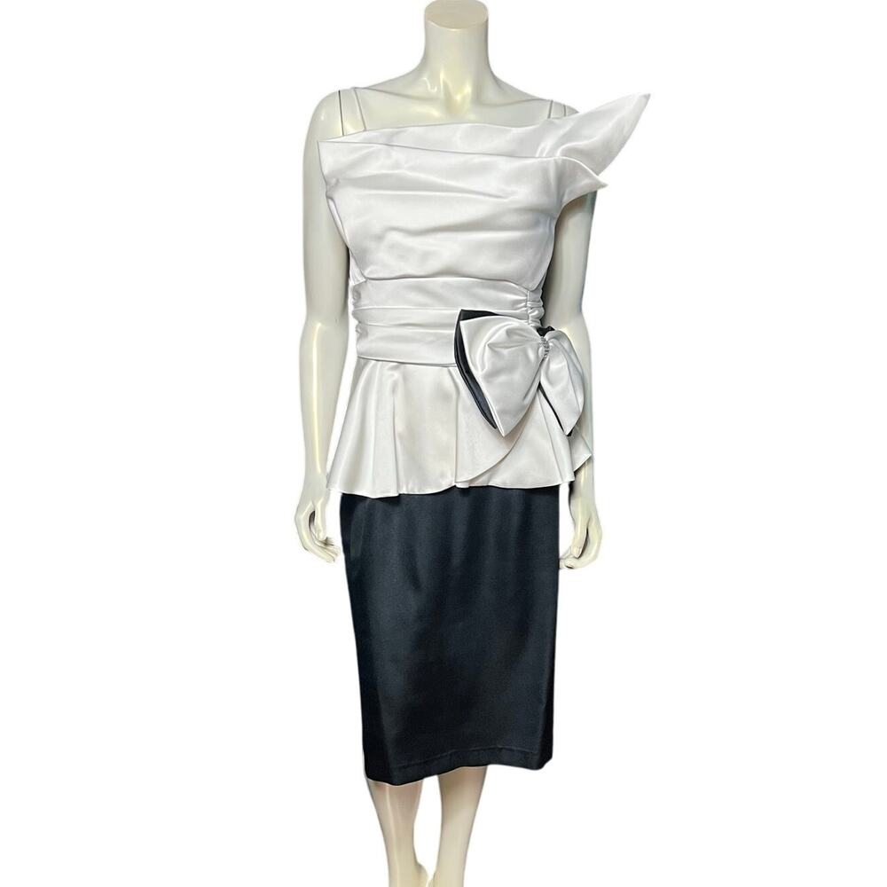 JCPenney White Satin Black Peplum Dress Rhinestone 9 / 10